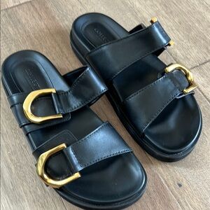 Black Leather Slide Sandals with Gold Buckles